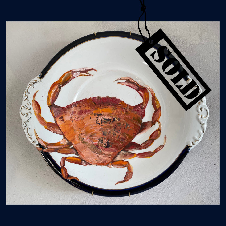 SOLD Plated: original fine art oil painting on an antique cake plate - crab