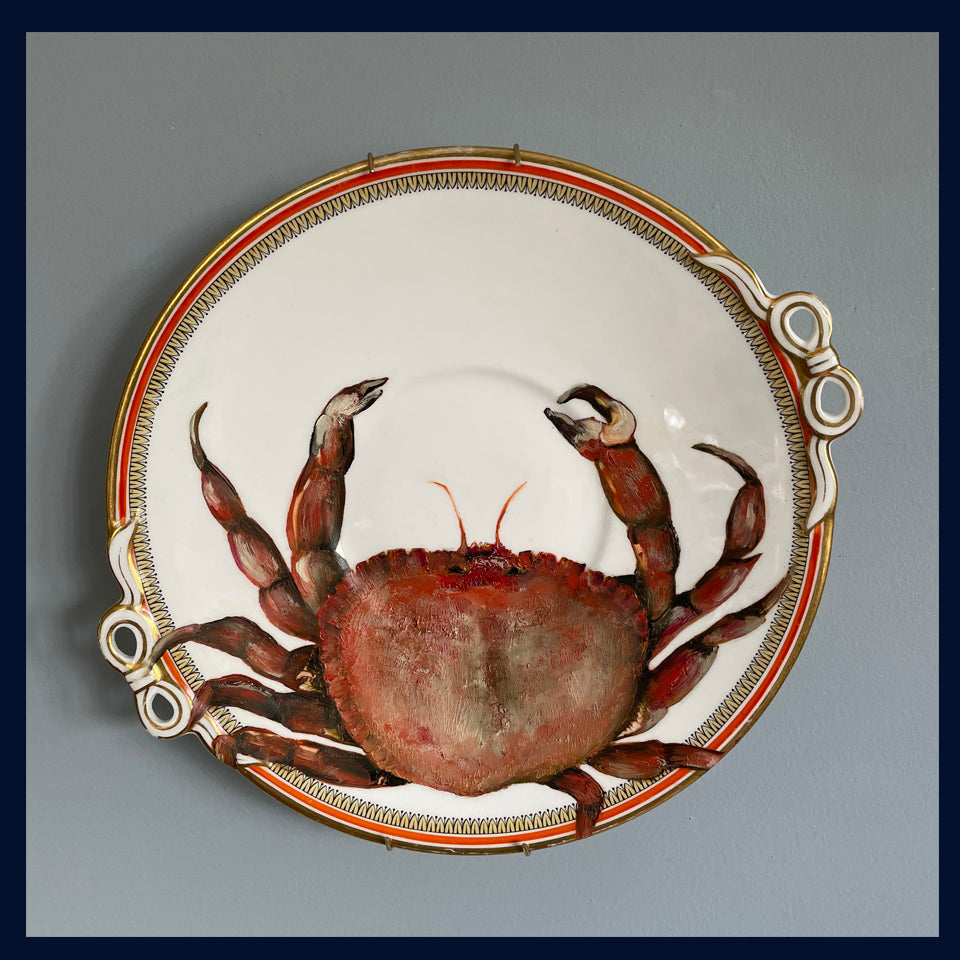 Crab fish - original oil painting on a vintage cake plate