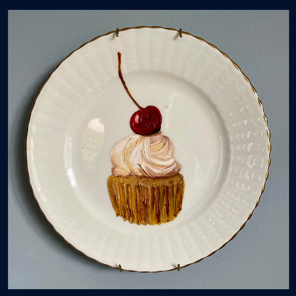 Cherry Cream Cup Cake Original Oil Painting On Vintage Radfords Crown China Tea Plate