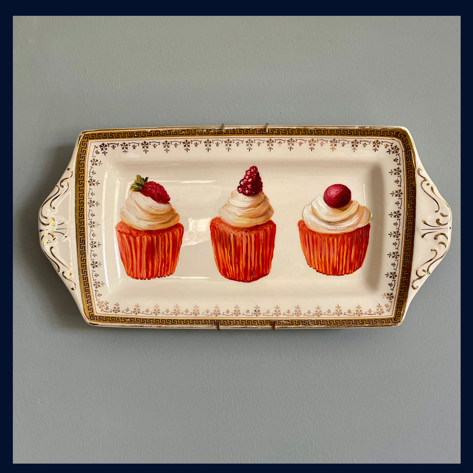 Three Fruit & Cream Cup Cakes Original Oil Painting On Vintage Alfred Meakin Ltd China Sandwich Platter