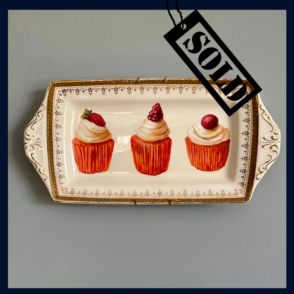 SOLD Three Fruit & Cream Cup Cakes Original Oil Painting On Vintage Alfred Meakin Ltd China Sandwich Platter