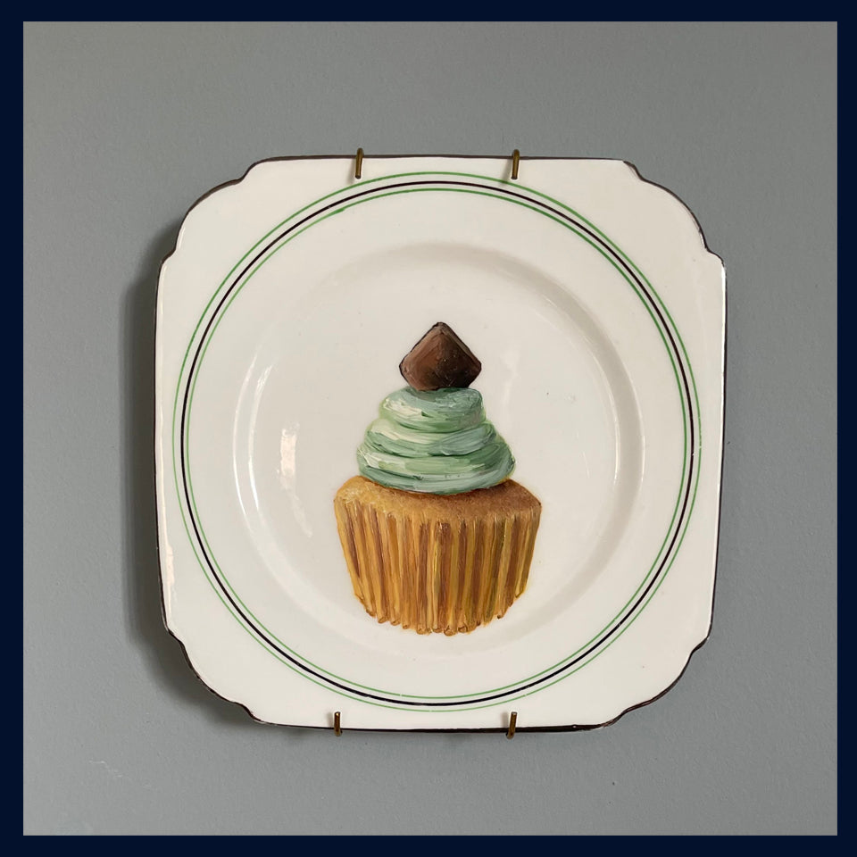 Mint Cream Cup Cake Original Oil Painting On 1920s T.F.& S. Ltd China Tea Plate