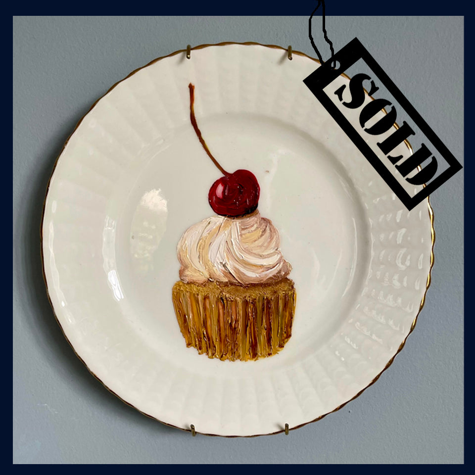 SOLD Cherry Cream Cup Cake Original Oil Painting On Vintage Radfords Crown China Tea Plate