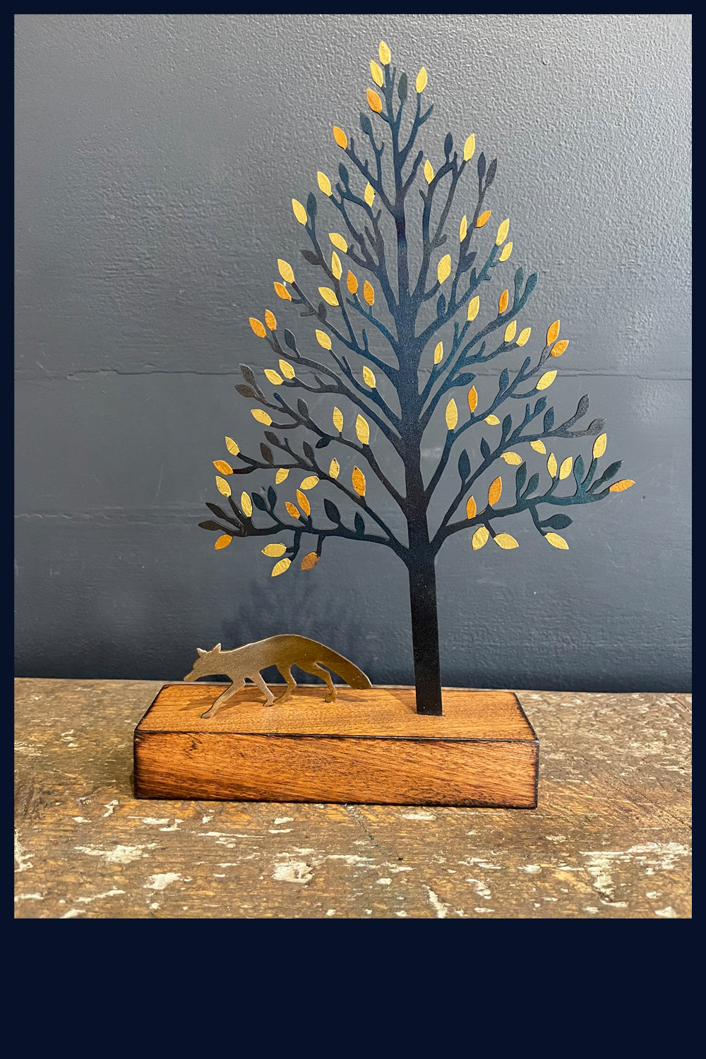 Gold Tree and Fox: Metal & Wood Sculpture by David Mayne