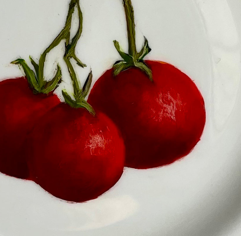 Plated: original fine art oil painting on a vintage tea plate - 3 vine tomatoes