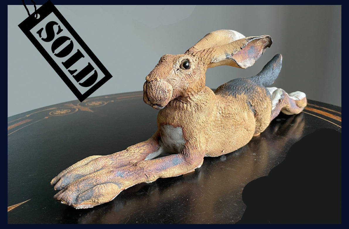 SOLD Outstretched Lying Hare (small): Ceramic Stoneware Sculpture by Elaine Peto