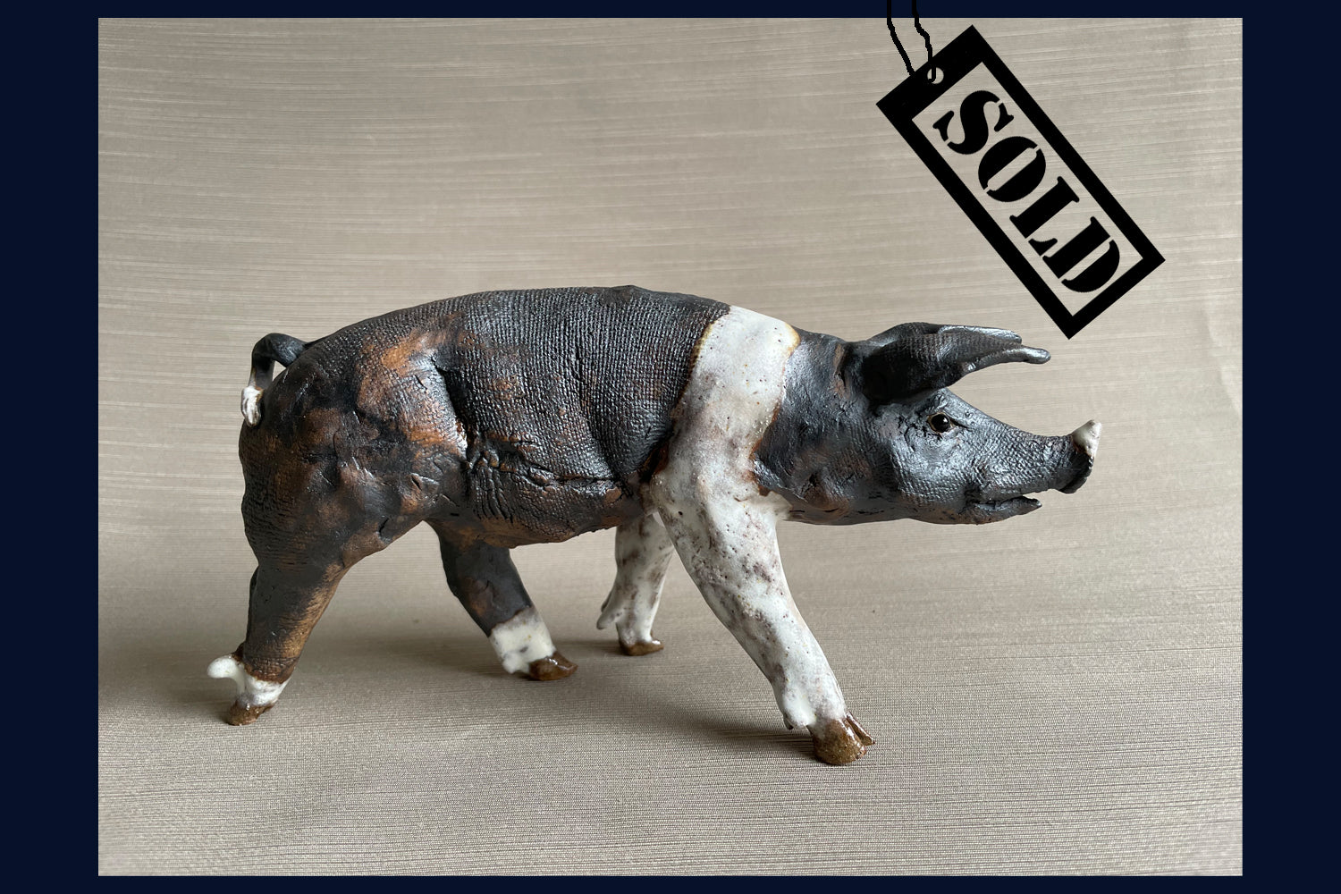 SOLD Small Saddleback Pig 4: Stoneware Sculpture by Elaine Peto