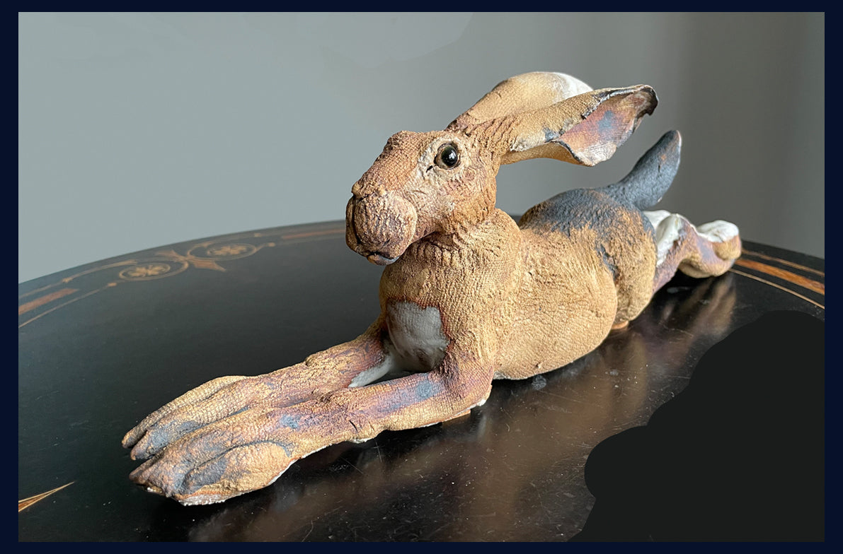 Outstretched Lying Hare (small): Ceramic Stoneware Sculpture by Elaine Peto