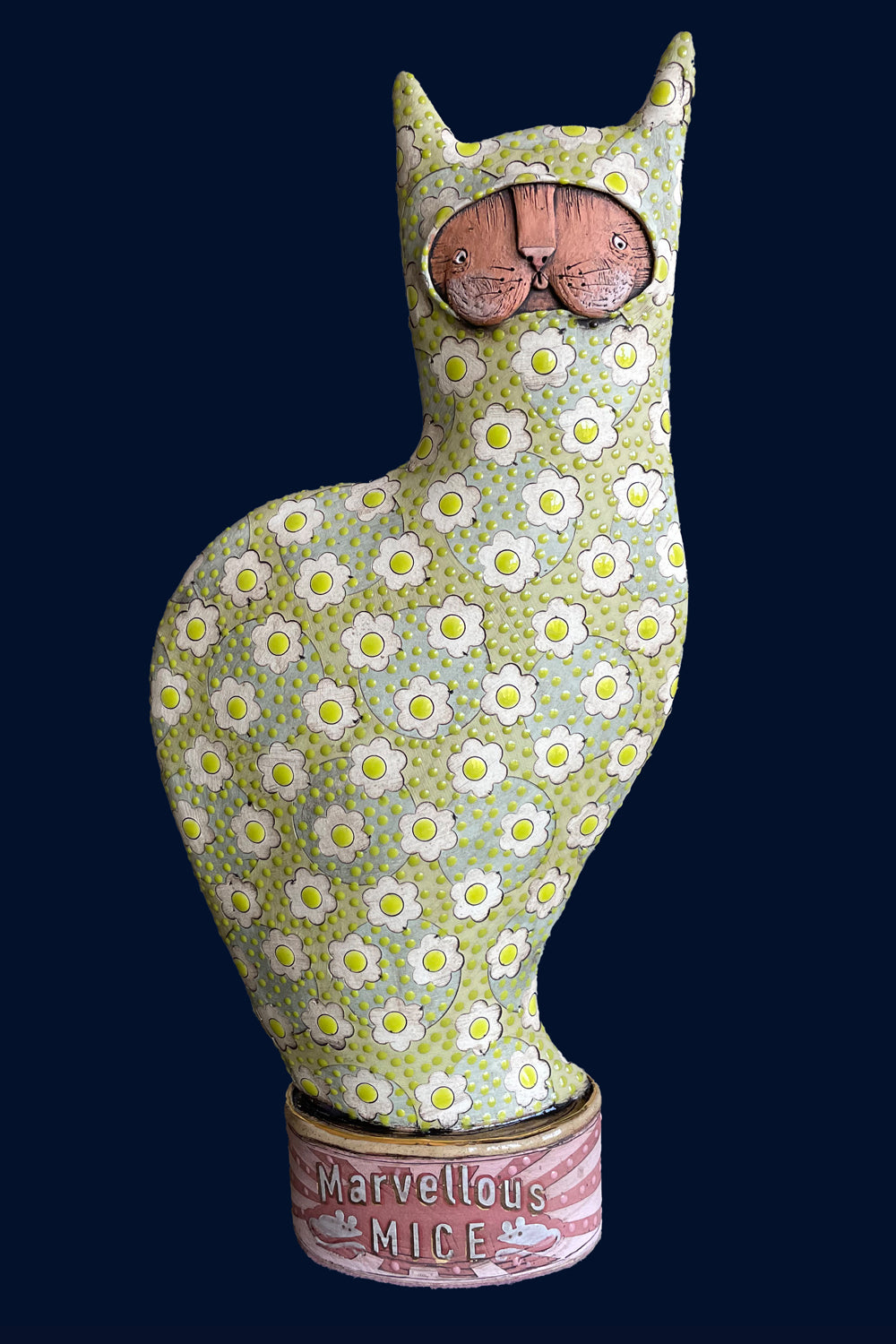 Green Cat Sat on Tin of Marvellous Mice by Ceramicist Emily Rowley