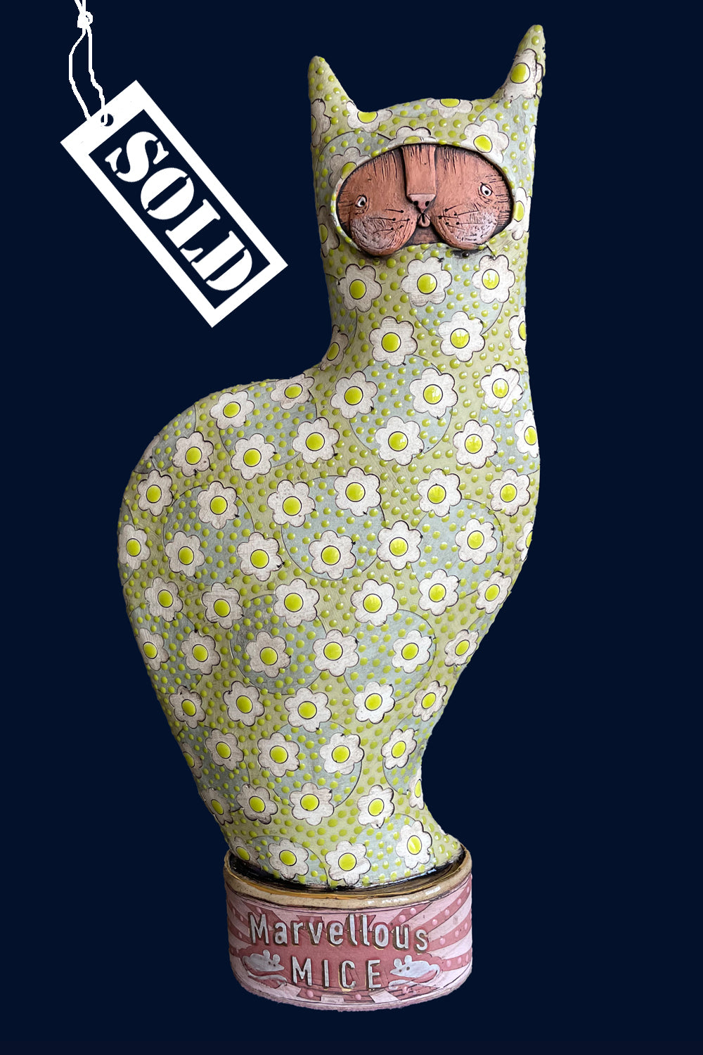 SOLD Green Cat Sat on Tin of Marvellous Mice by Ceramicist Emily Rowley
