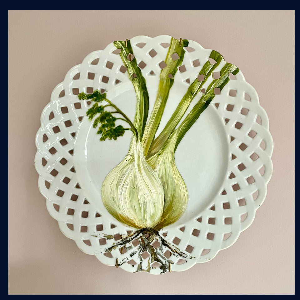 Plated: original fine art oil painting on an antique reticulated plate - fennel