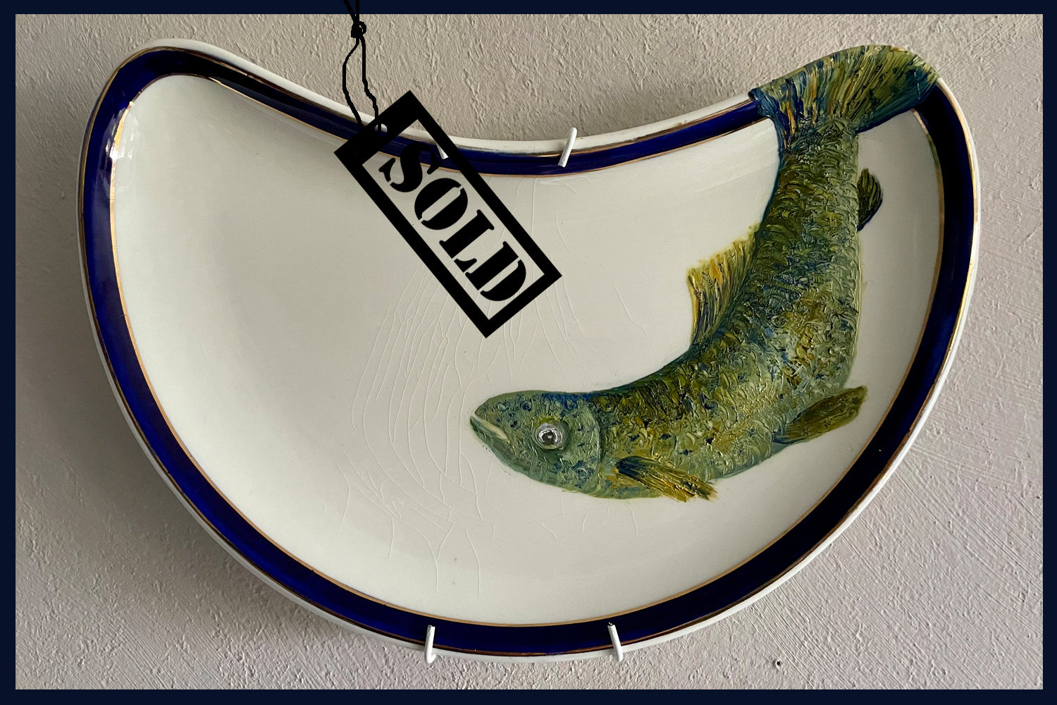SOLD Plated: original fine art oil painting on a vintage side plate - rainbow trout 3
