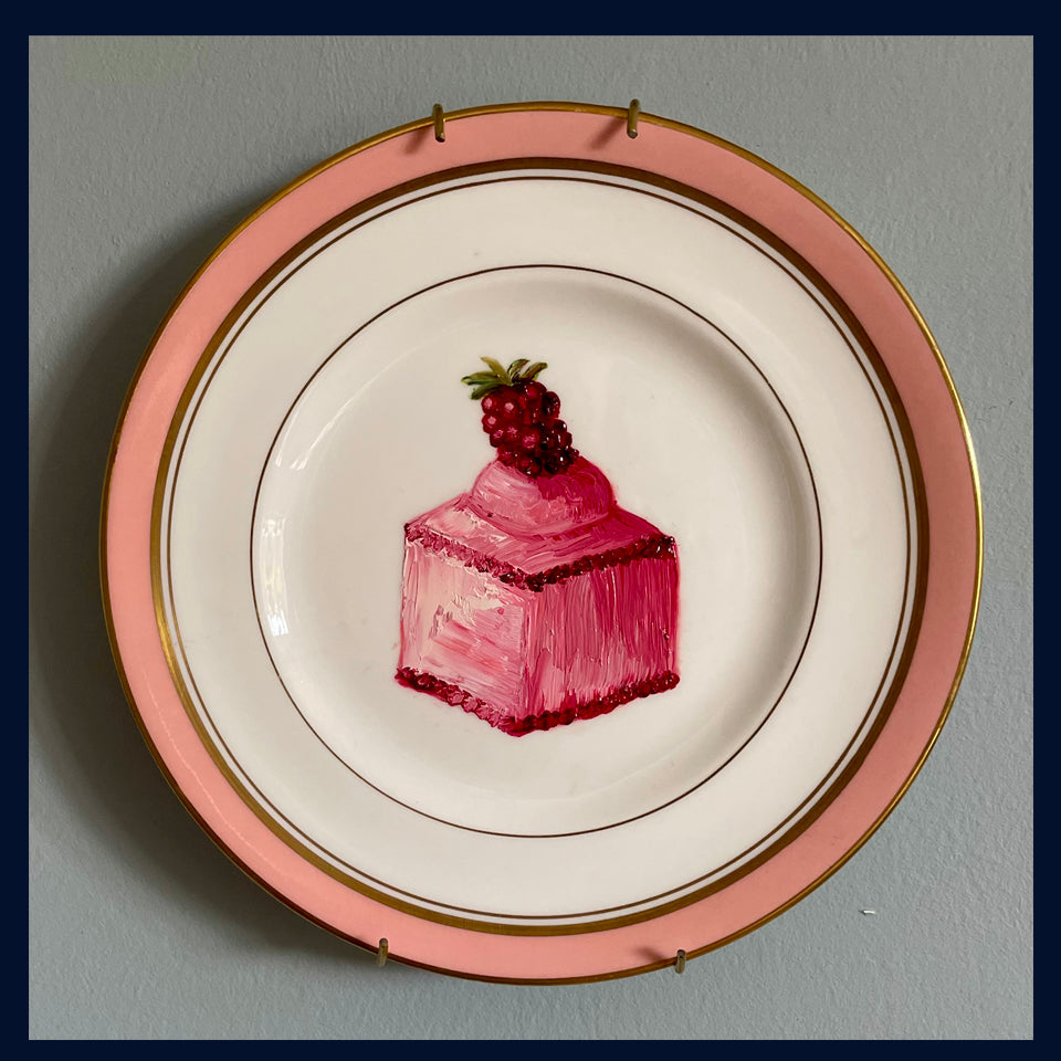 Raspberry Fondant Cake Original Oil Painting On Vintage Royal Worcester Tea Plate