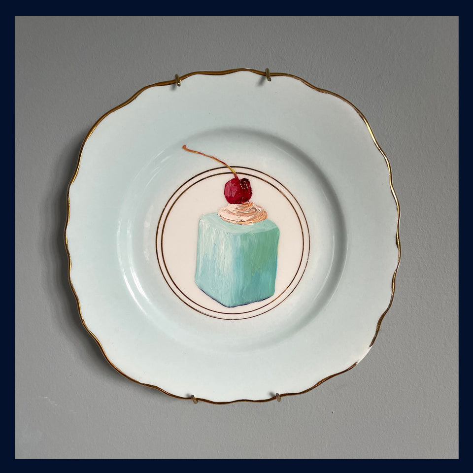 Mint Fondant Cake Original Oil Painting On Vintage Royal Vale Pale Blue Tea Plate