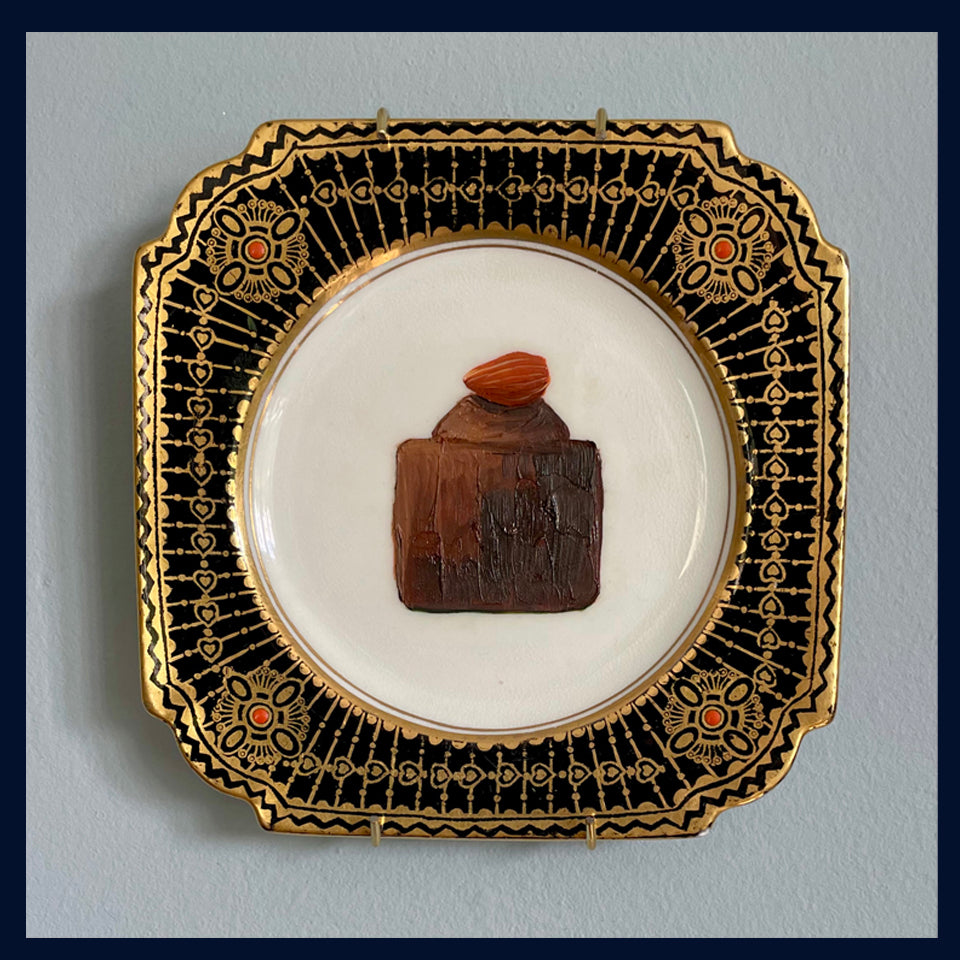 Almond Chocolate Fondant Cake Original Oil Painting On Antique Aynsley Tea Plate