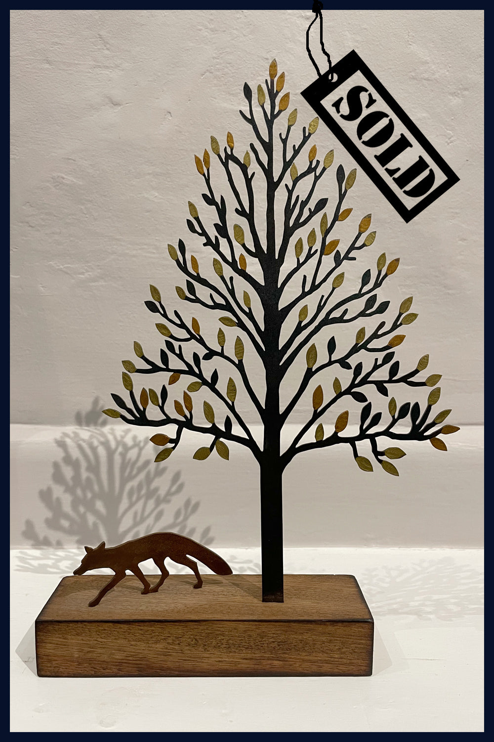 SOLD Gold Tree and Fox: Metal & Wood Sculpture by David Mayne