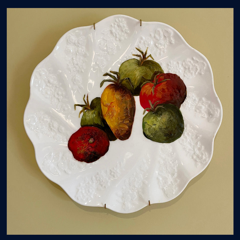 Plated: original fine art oil painting on an antique Coalport salad plate - French Heritage Tomatoes