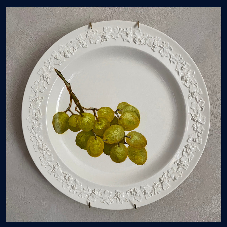 Plated: original fine art oil painting on a vintage  plate - green grapes