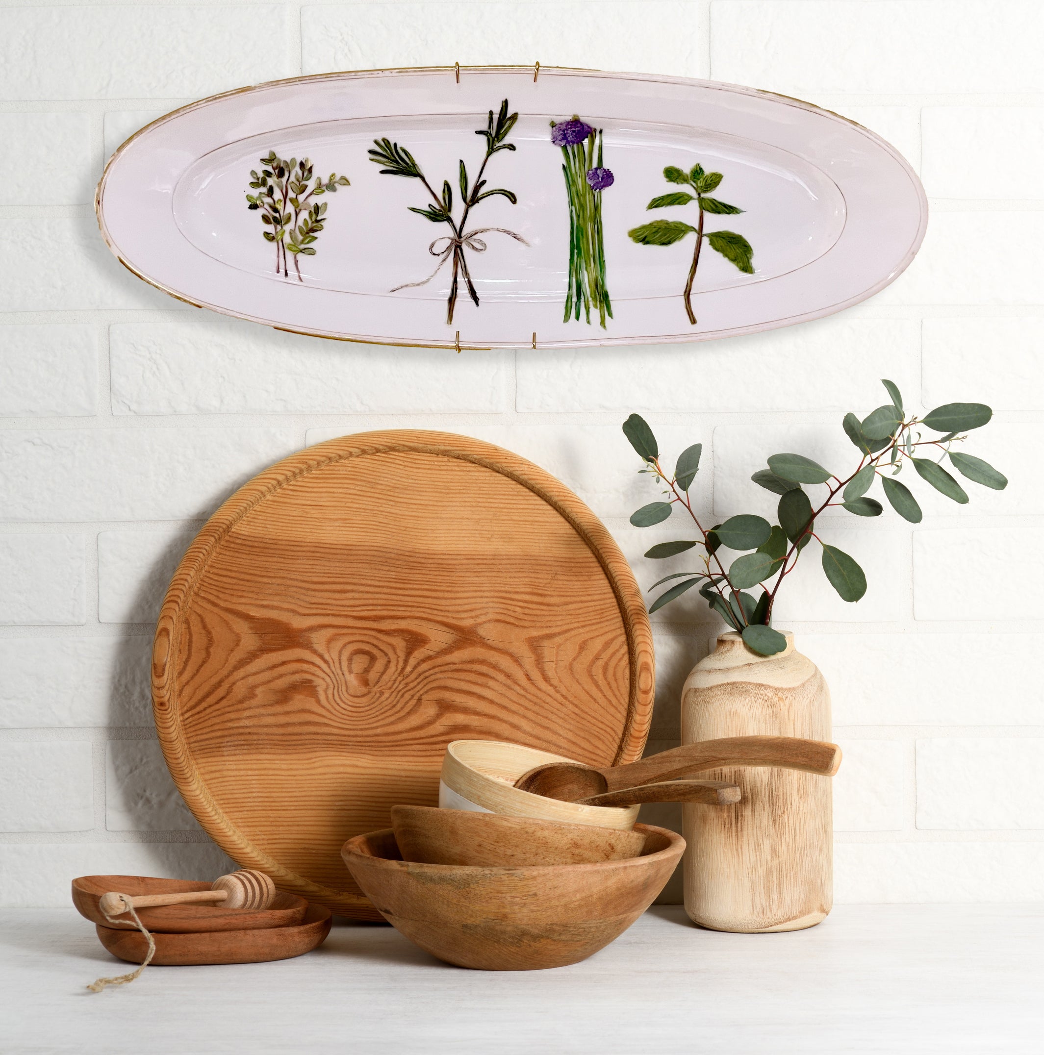Plated: original fine art oil painting on an antique French fish plate - herbs