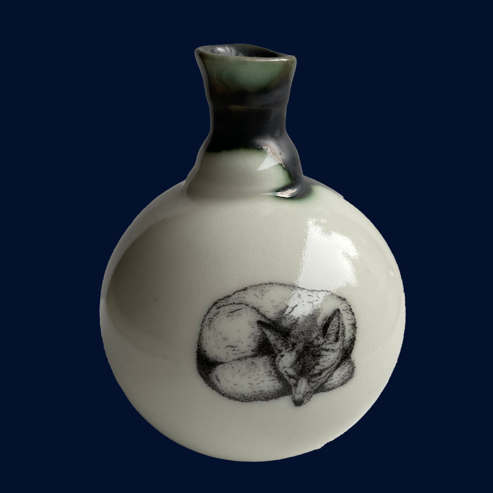 Sleeping Arctic Fox Flask Vase: Ceramic Sculpture by Jillian Riley