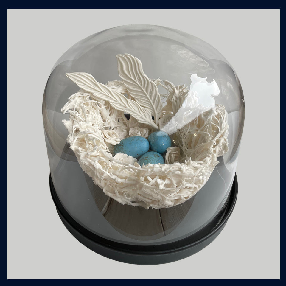 Large Ceramic Nest with Blue Eggs and Feathers Under Glass Dome: Ceramic Sculpture by Jillian Riley