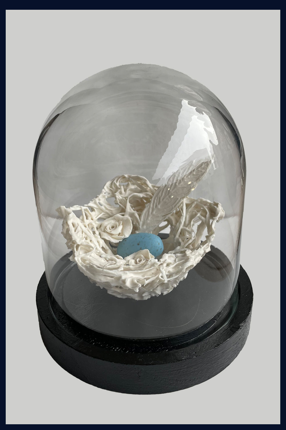Small Ceramic Nest with Blue Egg and Feather Under Glass Dome: Ceramic Sculpture by Jillian Riley