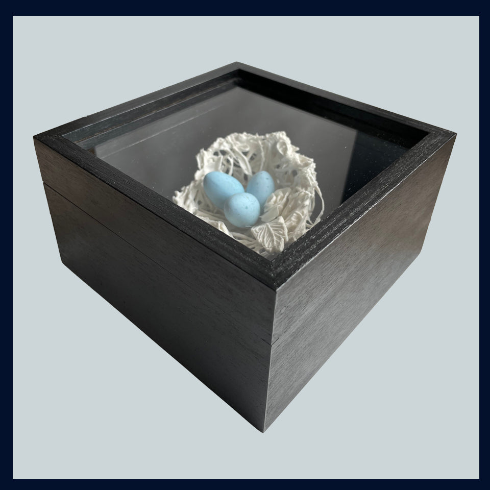 Small Ceramic Nest with Blue Egg and Feather in Bespoke Wooden Box: Ceramic Sculpture by Jillian Riley