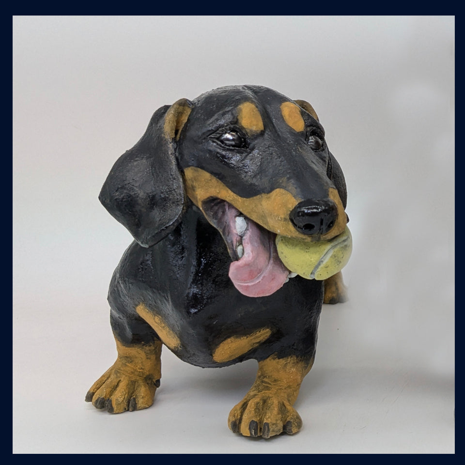 Dachshund Dog with Ball - Stoneware Sculpture by Joanne Cooke