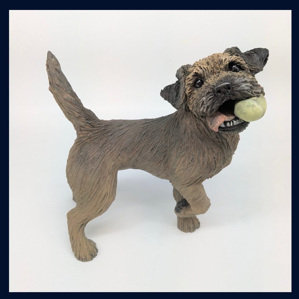Border Terrier Dog with Ball - Stoneware Sculpture by Joanne Cooke