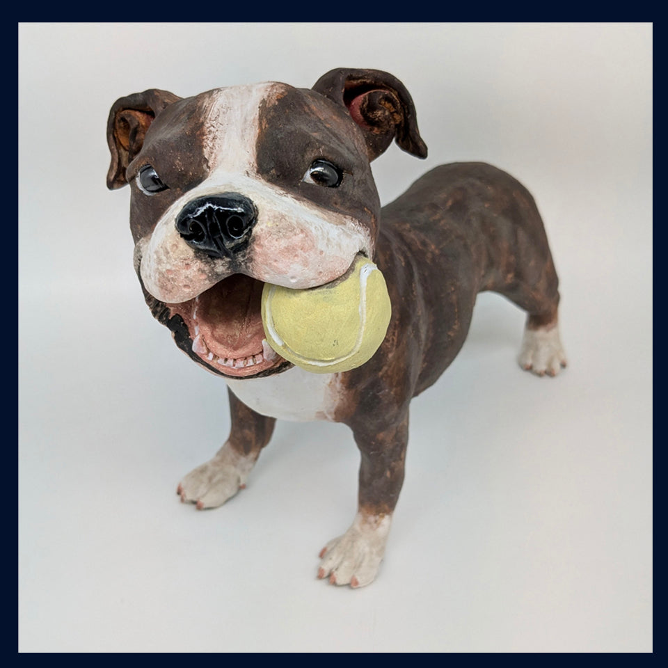 Staffordshire Bull Terrier and Ball - Stoneware Sculpture by Joanne Cooke