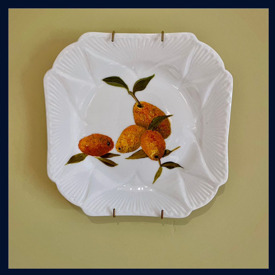 Plated: original fine art oil painting on an antique tea plate - kumquats