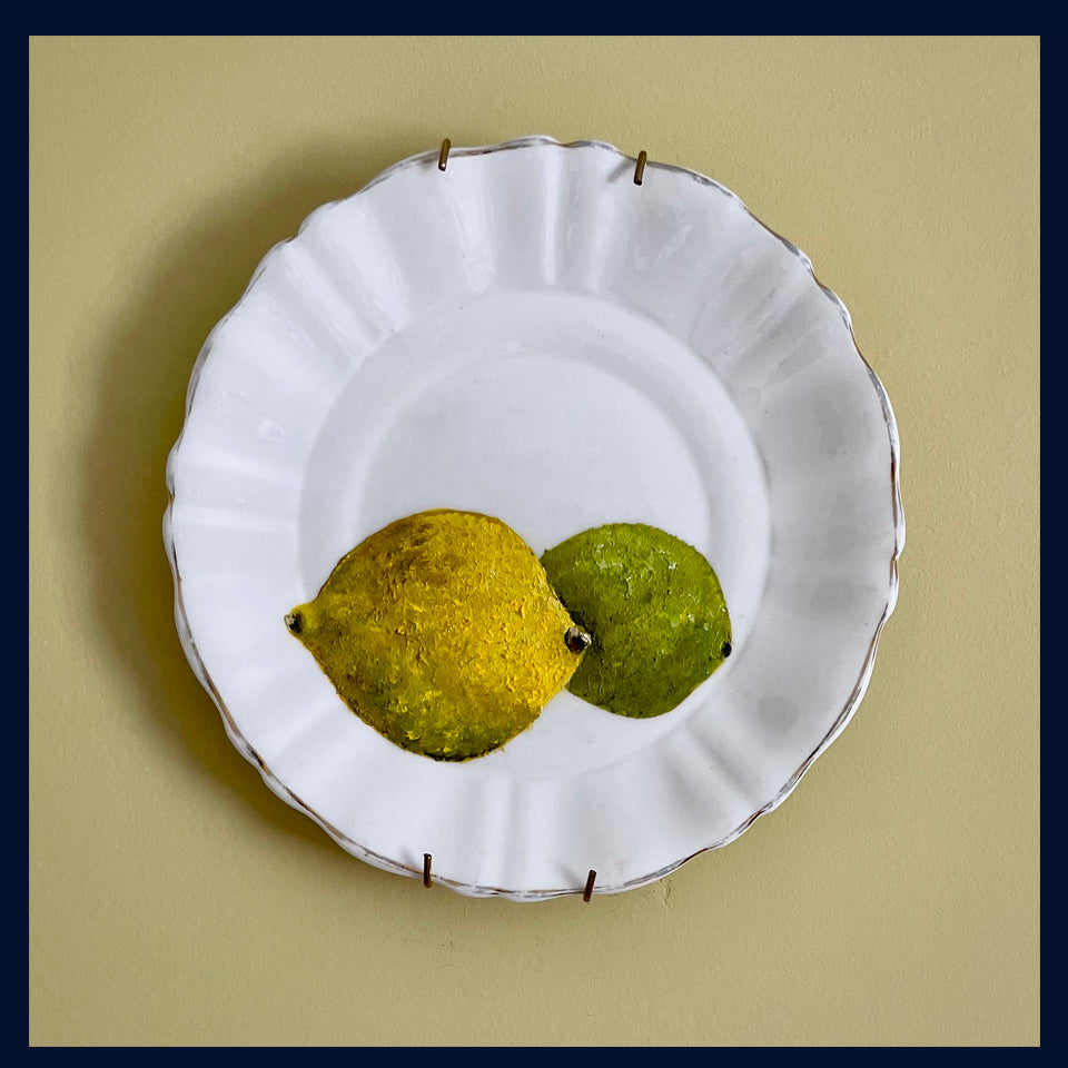 Plated: original oil painting on a vintage tea plate - lemon and lime