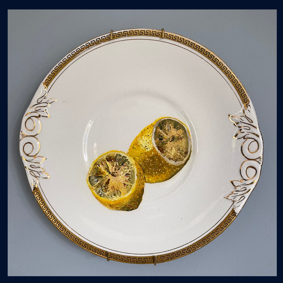 Plated: original fine art oil painting on an antique cake plate - cut lemons