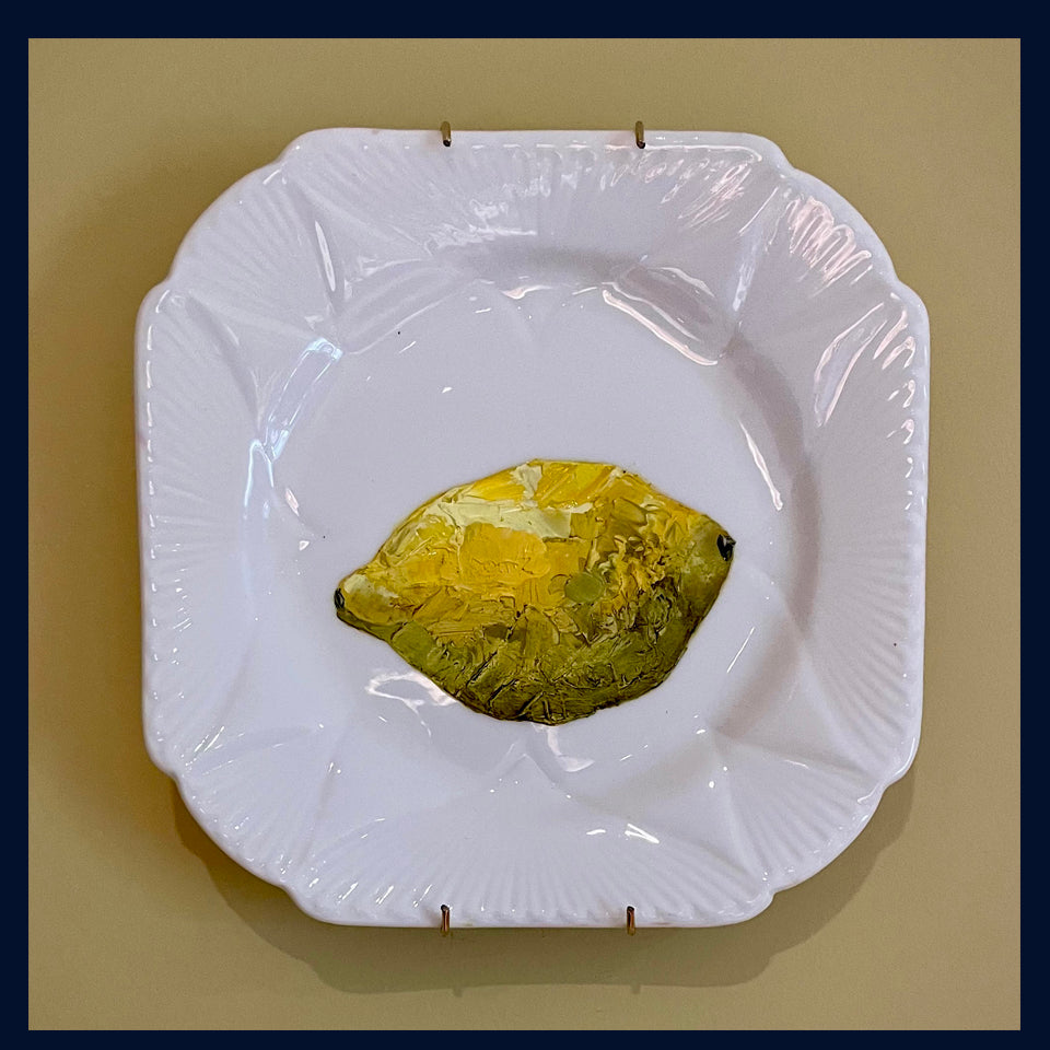 Plated: original fine art oil painting on an antique tea plate - lemon