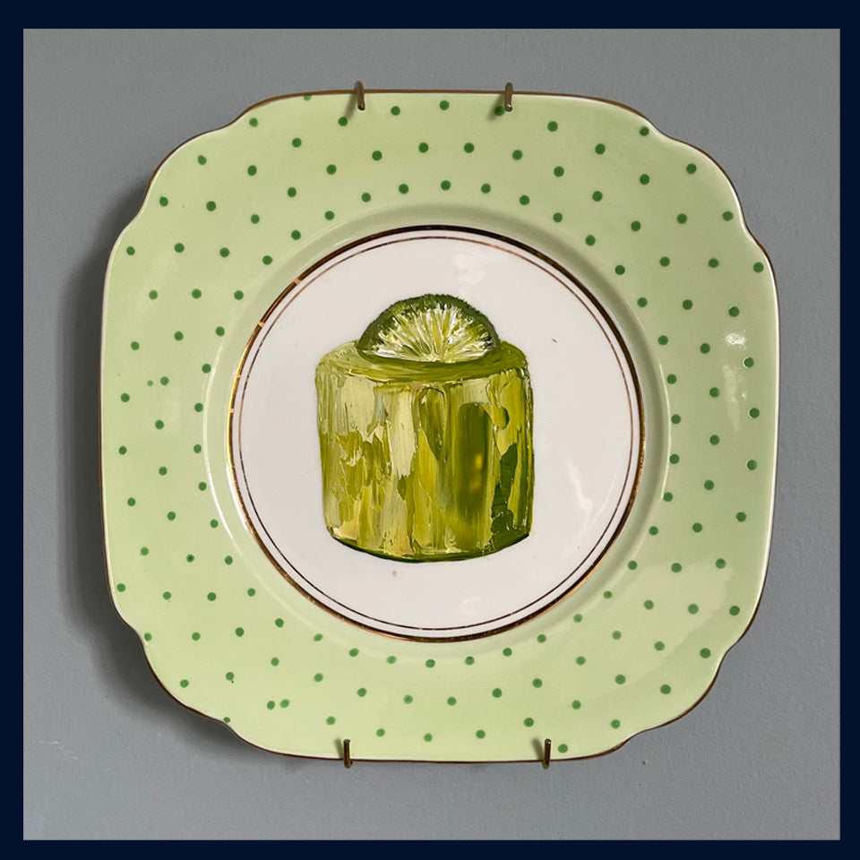 Lime Fondant Cake Original Oil Painting On Vintage Bell China Green Dotty Tea Plate