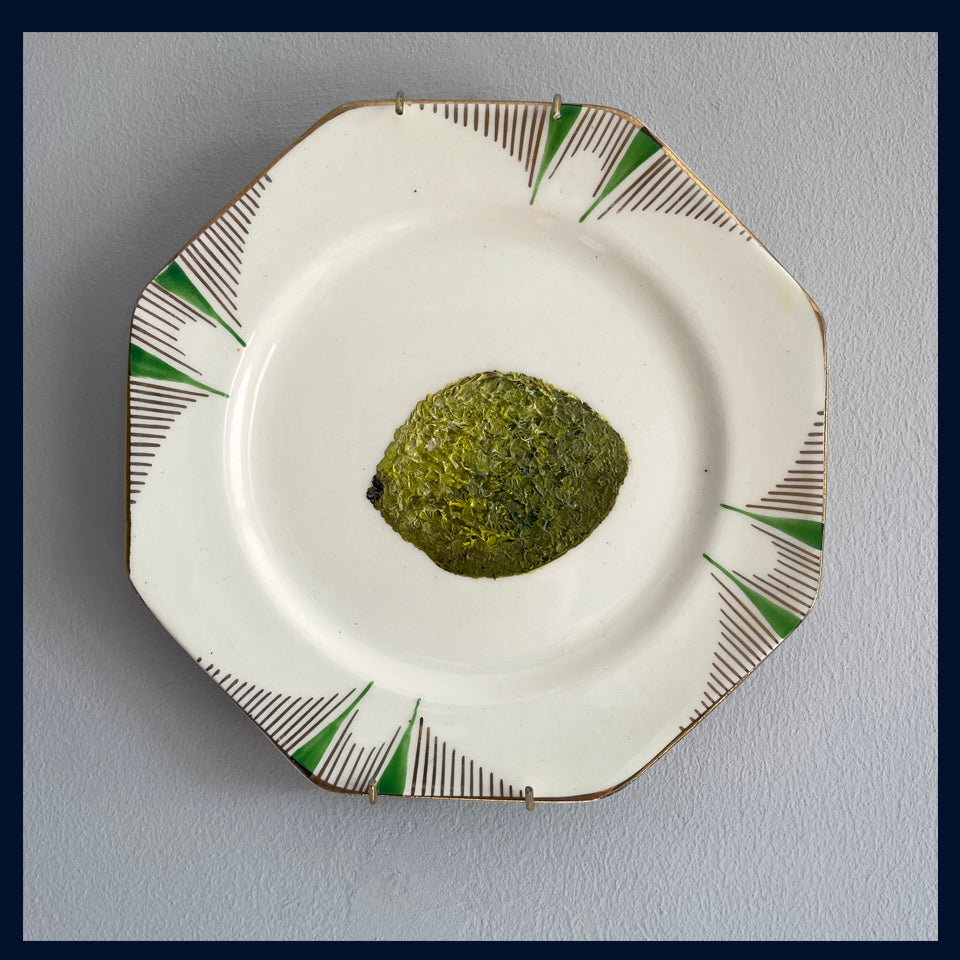 Plated: original fine art oil painting on an Art Deco tea plate - lime fruit