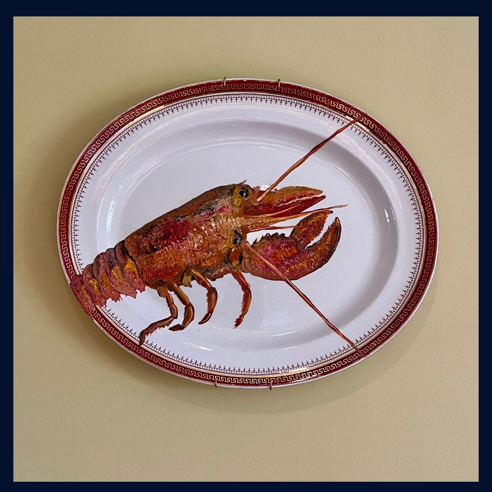 Plated: original fine art oil painting on a large vintage platter - lobster