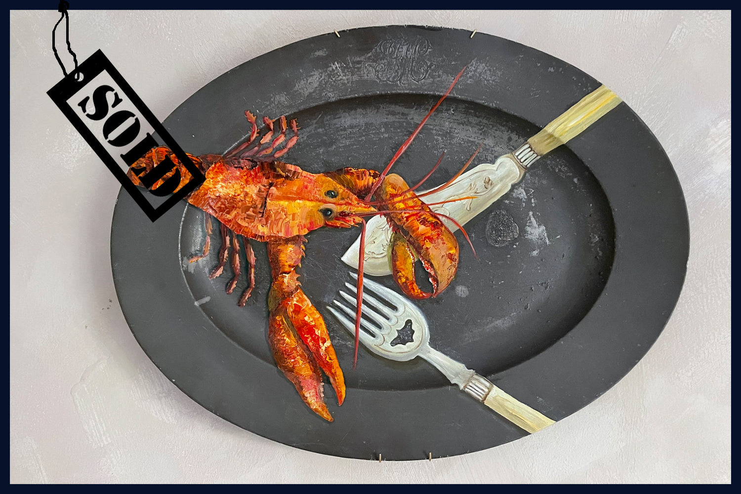 SOLD Plated: original fine art oil painting on an antique pewter platter - lobster with large vintage silver-plated fish fork & knife serving set