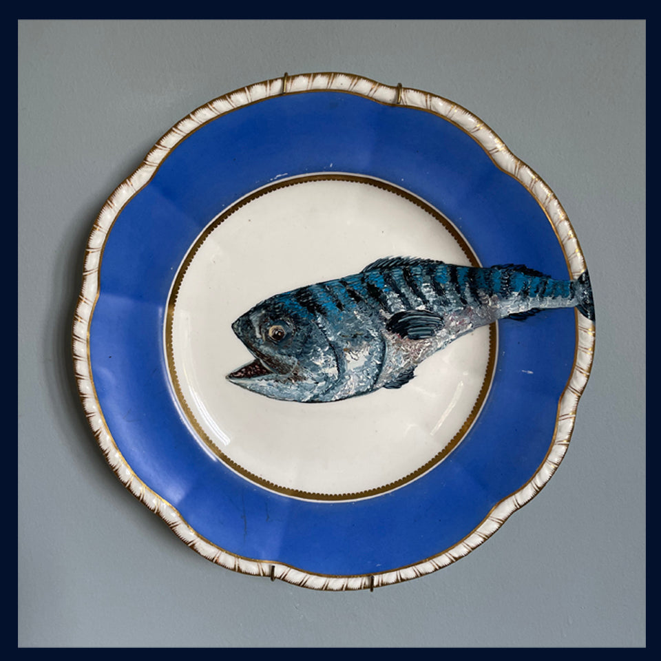 Original oil painting on 1850s dessert plate - mackerel fish