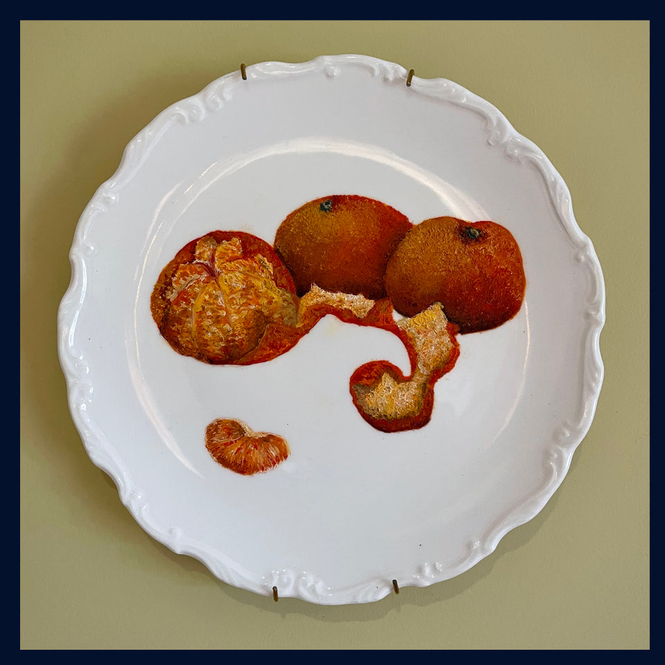 Plated: original fine art oil painting on an ornate antique plate - 3 mandarins.