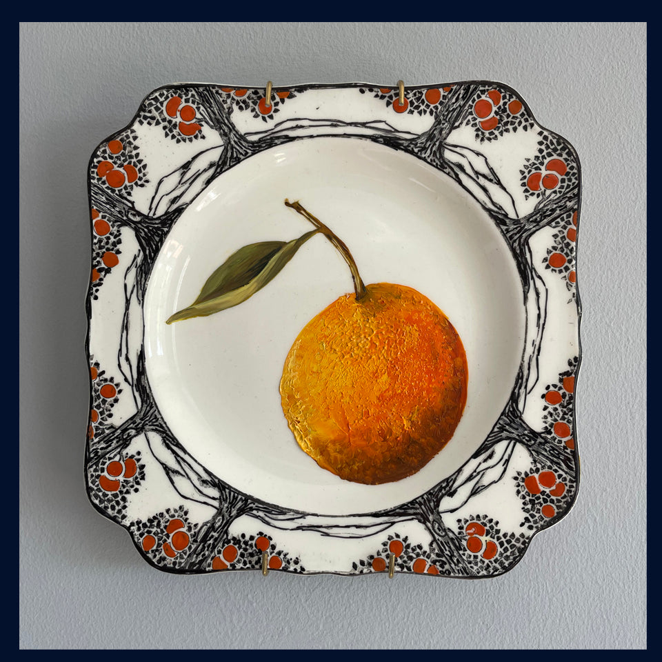 Plated: original fine art oil painting on an Art Deco Crown Ducal tea plate - mandarin orange