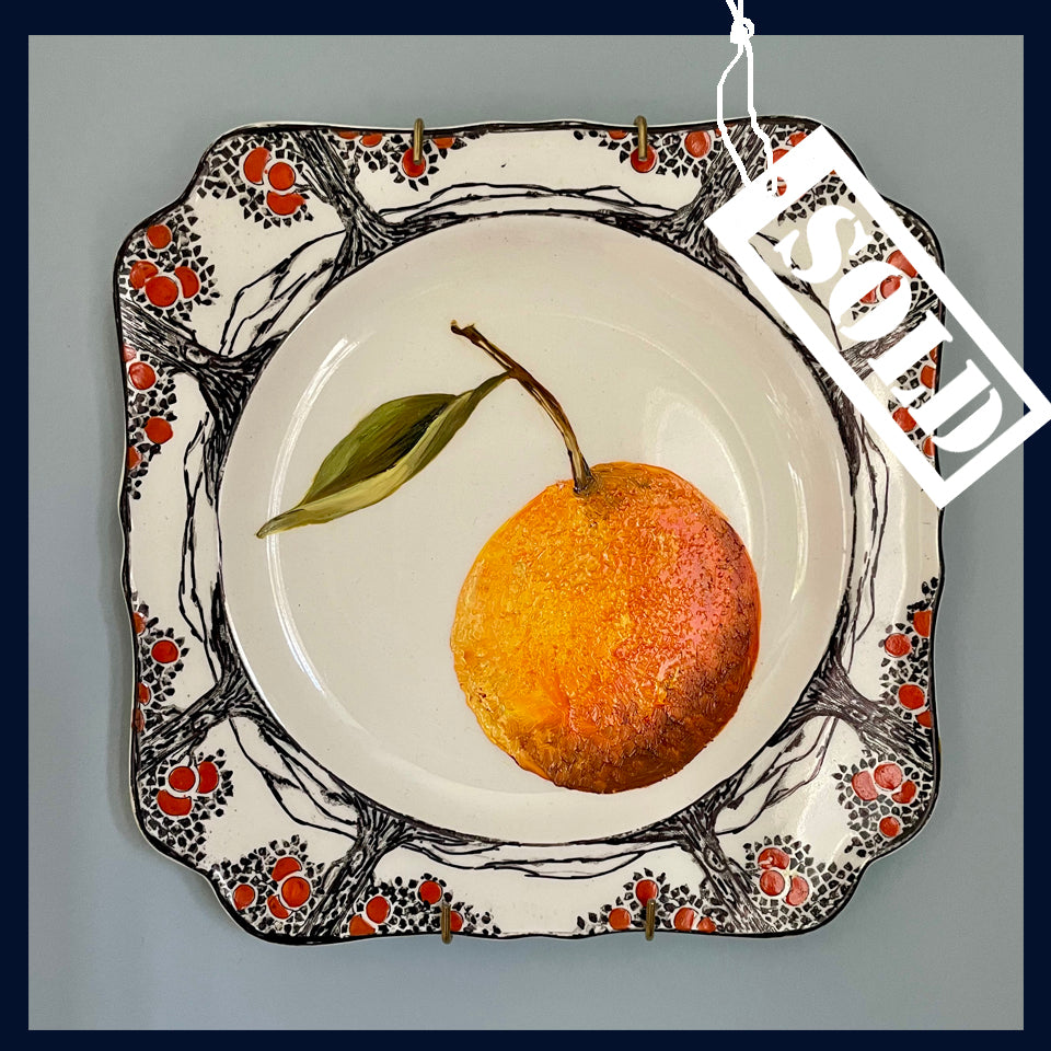 SOLD Mandarin orange - original oil painting on an Art Deco Crown Ducal tea plate