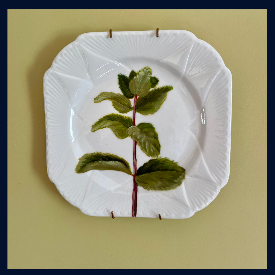 Plated: original fine art oil painting on an antique tea plate - mint herb