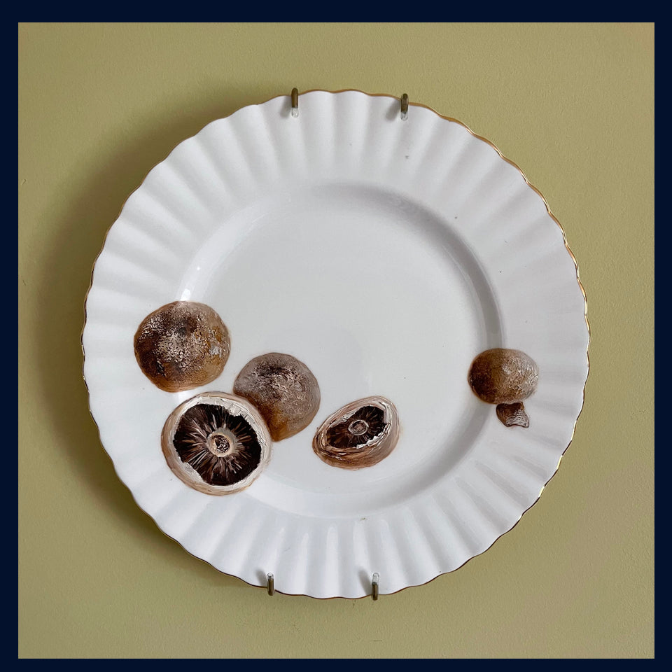 Plated: original fine art oil painting on a vintage  Royal Albert plate - Mushrooms