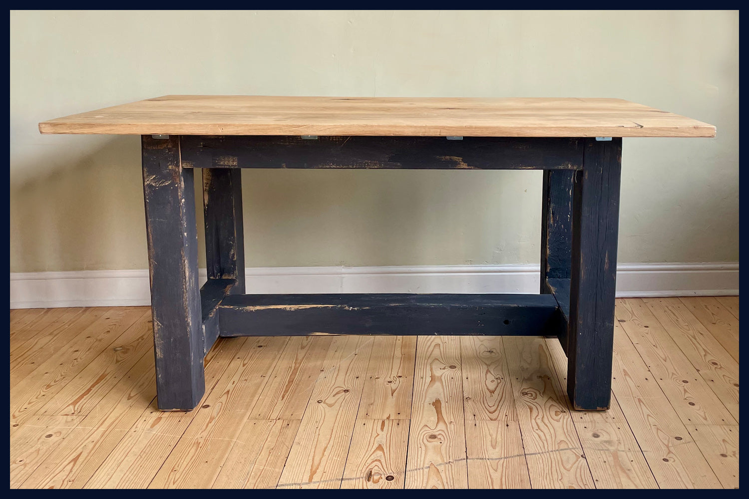 Large Chunky Oak Dining Table with Painted Pine Frame