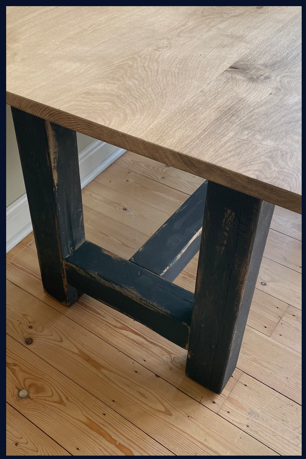 Large Chunky Oak Dining Table with Painted Pine Frame
