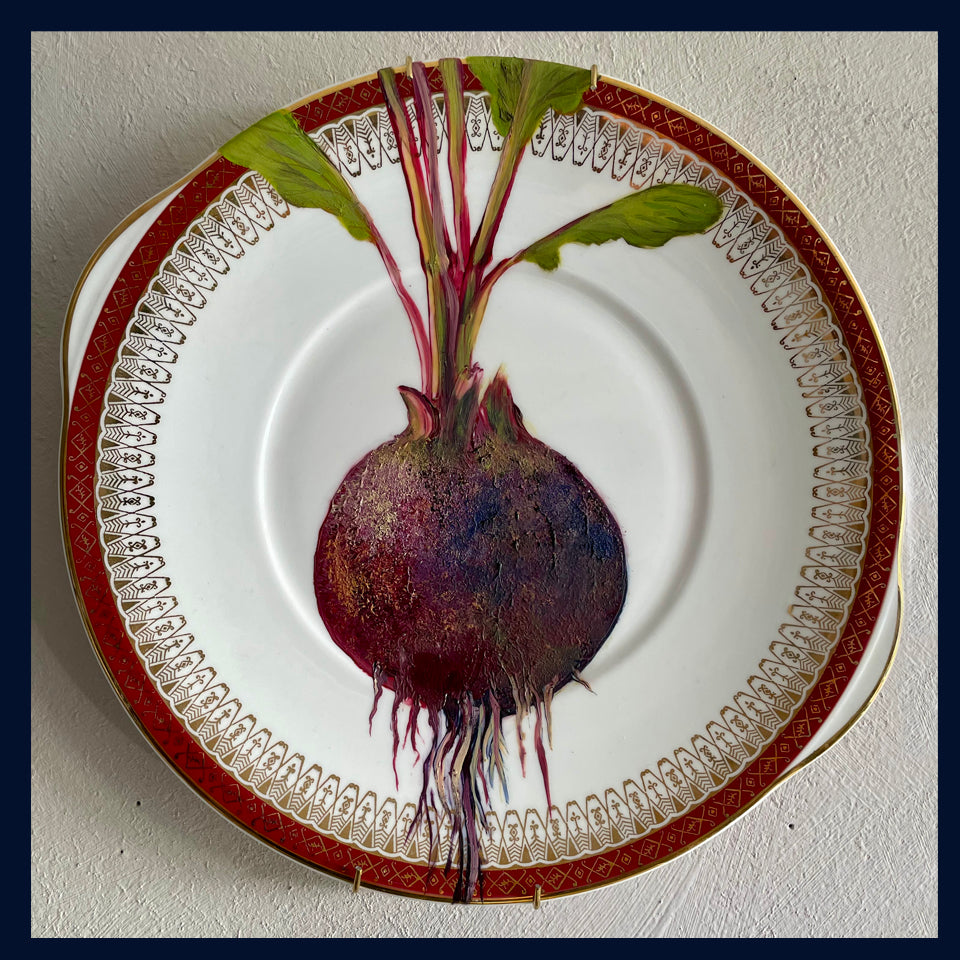 Plated: original fine art oil painting on a vintage Royal Grafton cake plate - beetroot