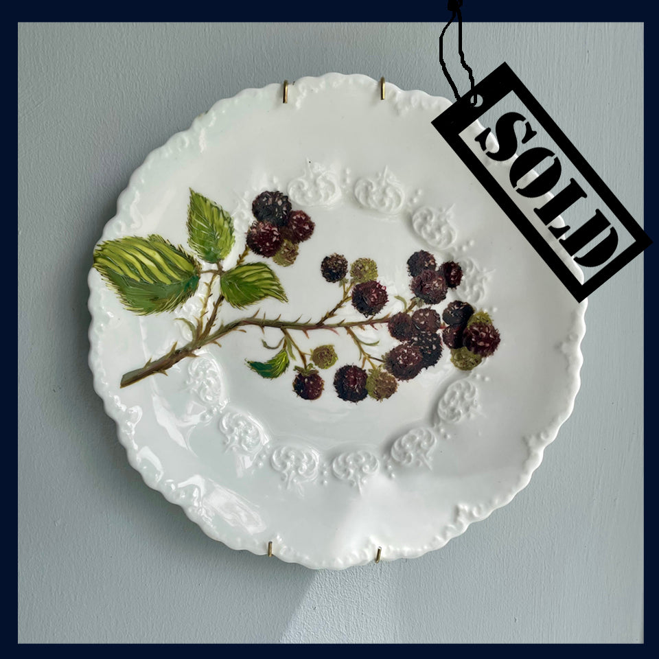 SOLD Plated: original fine art oil painting on an ornate antique plate - blackberry spray