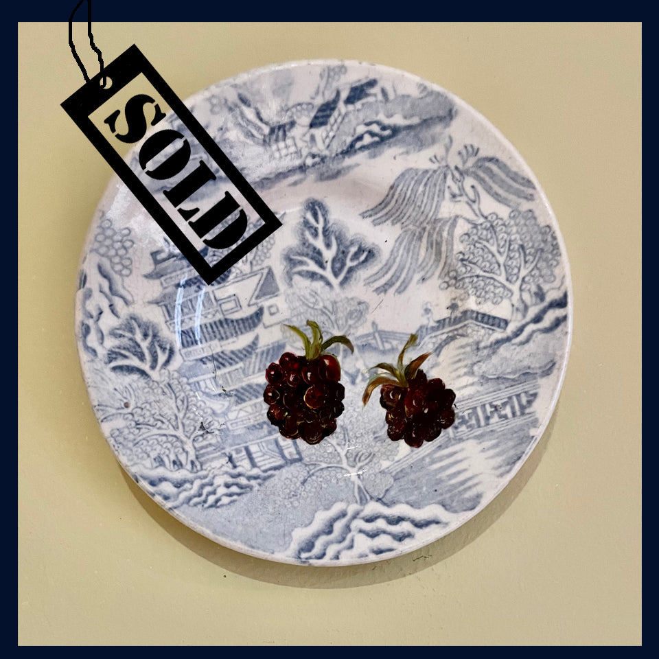 SOLD Plated: original fine art oil painting on a tiny antique willow pattern plate from a Victorian dolls house - 2 blackberries