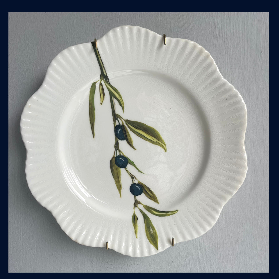 Plated: original fine art oil painting on an antique Coalport tea plate - sloe berries